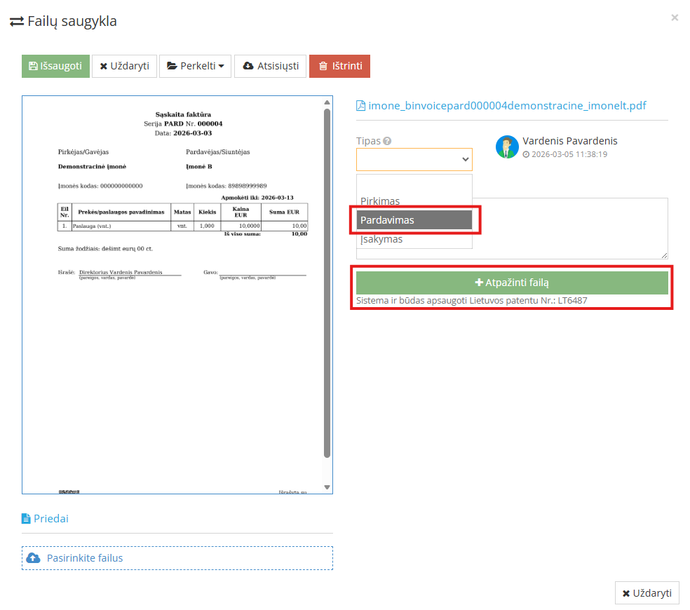 Atpažintų duomenų įtraukimas į apskaitą
